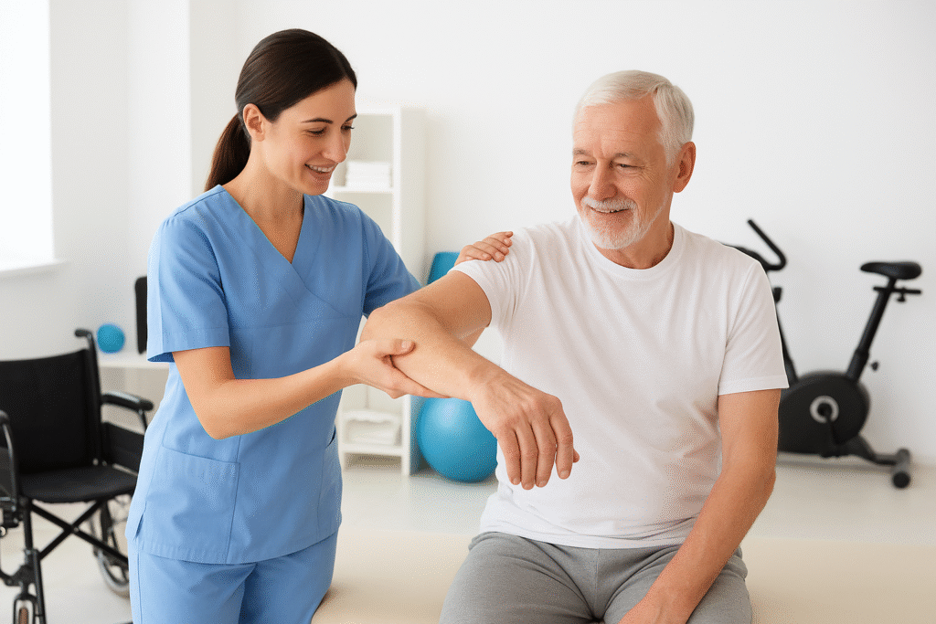 Physiotherapist assisting an elderly man with arm exercises at a physiotherapy rehabilitation center in Hyderabad