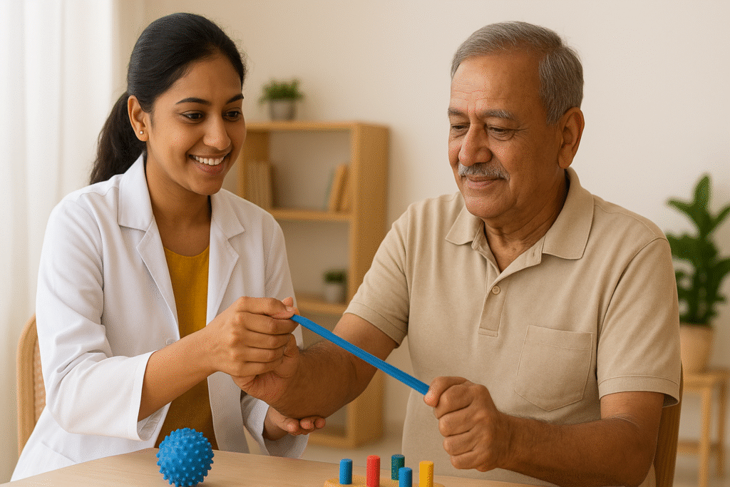 Rehabilitation therapy session with occupational and physiotherapist team in Hyderabad.