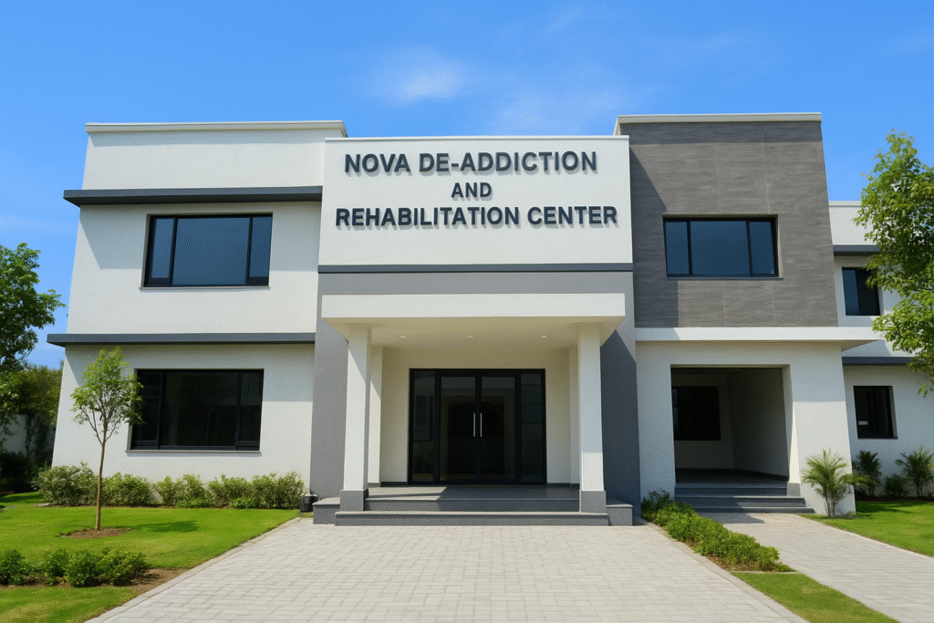 A modern, well-designed exterior of Nova De-Addiction and Rehabilitation Center in Hyderabad, showcasing a peaceful environment, clean architecture, and green surroundings. The image highlights the center’s welcoming entrance, symbolizing professional addiction recovery services, compassionate care, and structured rehabilitation programs offered for long-term healing.