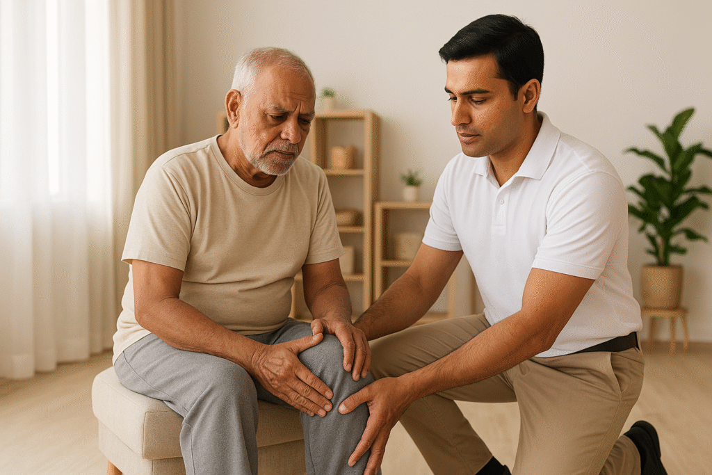 “Physiotherapist guiding an elderly patient during rehabilitation session in Hyderabad”