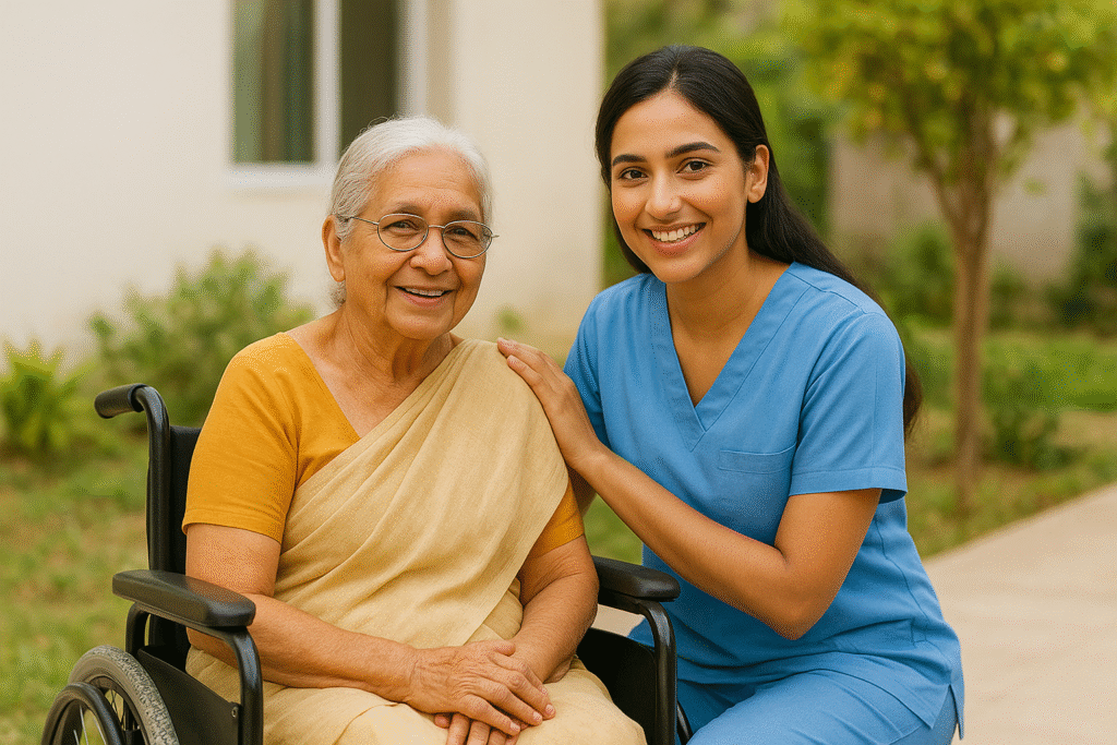 “Family visiting elderly mother at a senior care home in LB Nagar Hyderabad”
