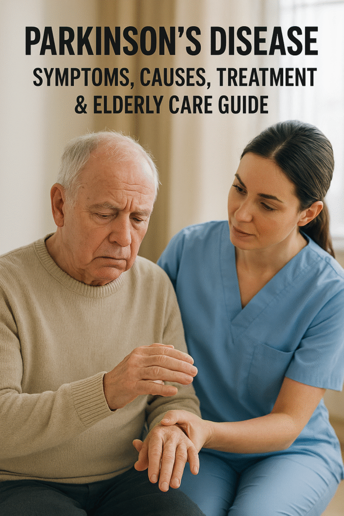 Senior man with Parkinson’s receiving support from a caregiver