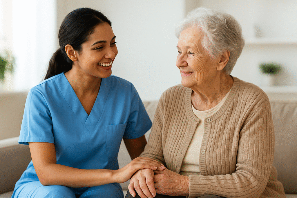 Compassionate nurse providing elderly care at Nova Rehabilitation and Old Age Home in Hyderabad, offering palliative and tracheostomy care services.